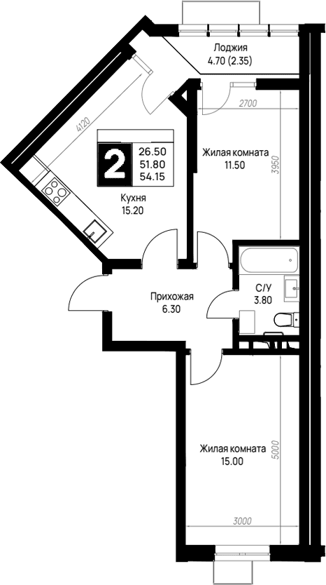 Продается 2-комн. квартира, 51.8 м²