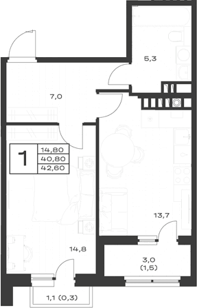 Продается 1-комн. квартира, 40.8 м²
