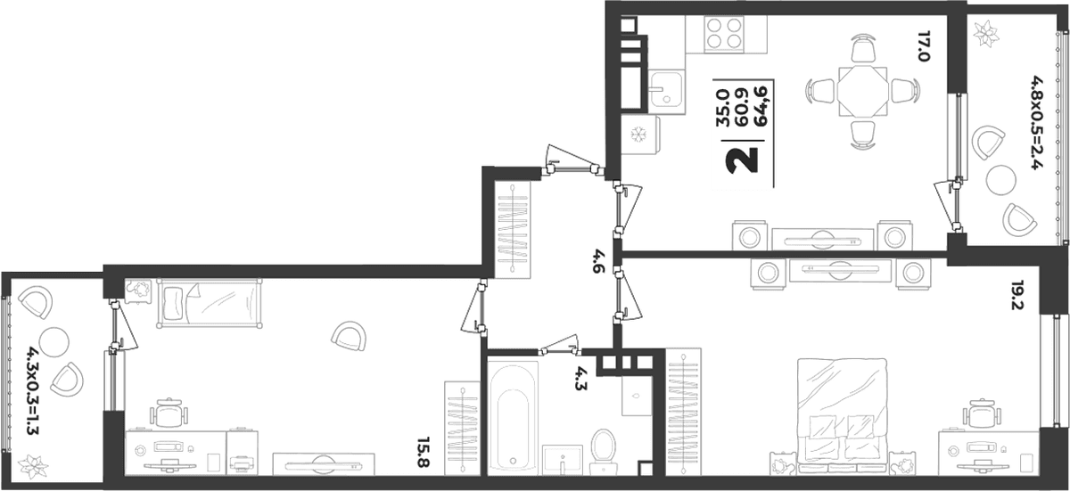 Продается 2-комн. квартира, 60.9 м²