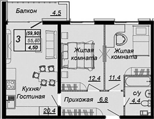 Продается 2-комн. квартира, 55.4 м²