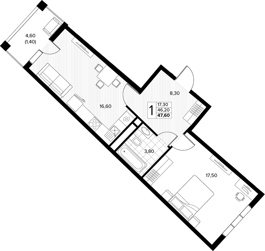 Продается 1-комн. квартира, 46.2 м²