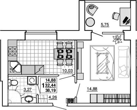 Продается 1-комн. квартира, 32.44 м²