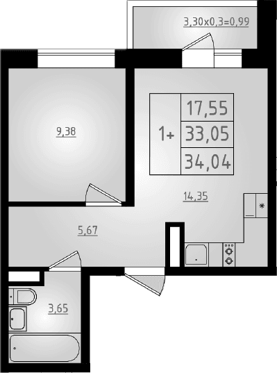 Продается 2-комн. квартира, 33.05 м²