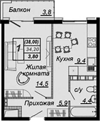 Продается 1-комн. квартира, 34.2 м²