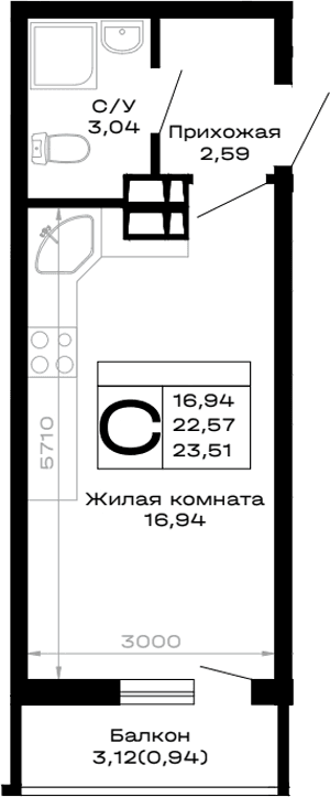 Продается 1-комн. квартира, 22.57 м²