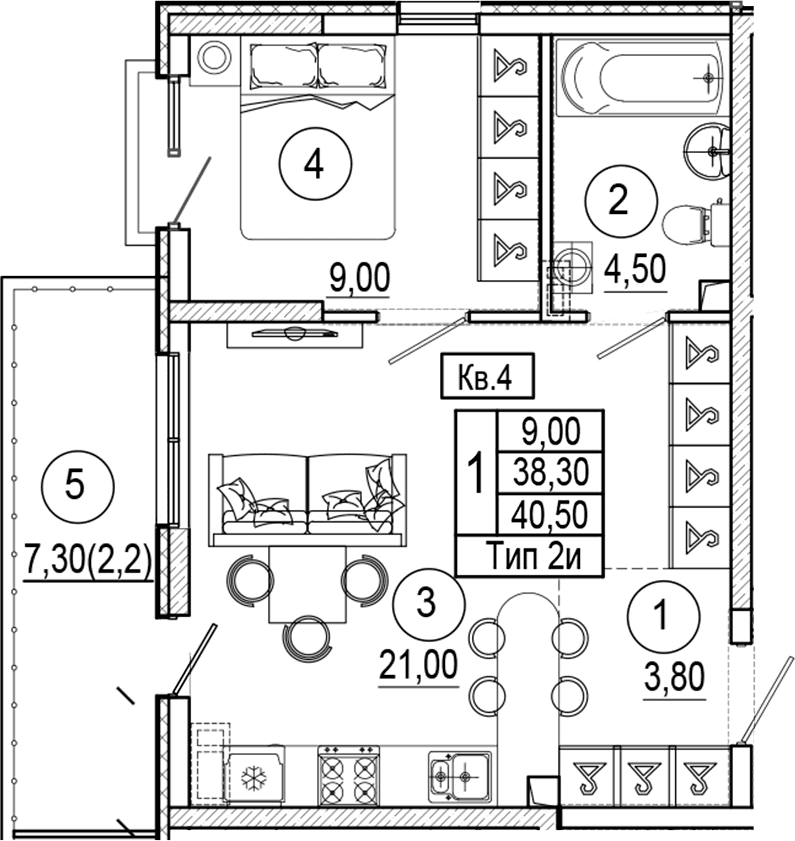 Продается 1-комн. квартира, 38.3 м²