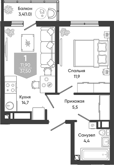 Продается 1-комн. квартира, 36.5 м²