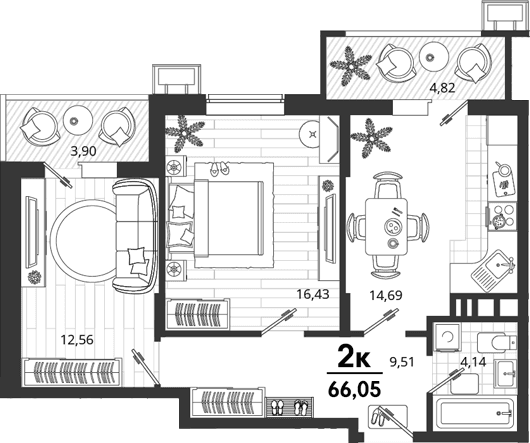 Продается 2-комн. квартира, 57.33 м²