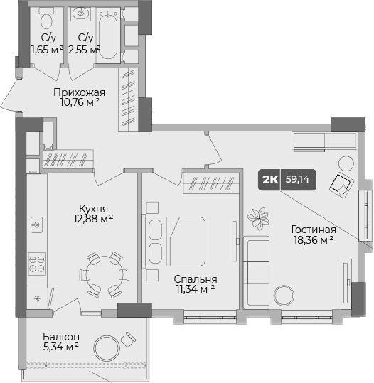 Продается 2-комн. квартира, 57.06 м²
