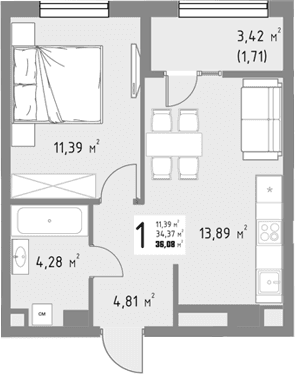 Продается 1-комн. квартира, 34.37 м²