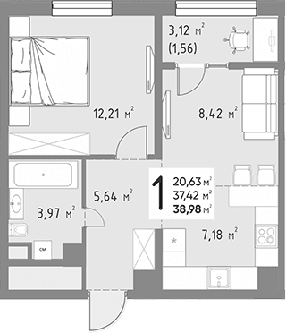 Продается 1-комн. квартира, 37.42 м²