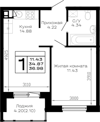 Продается 1-комн. квартира, 34.87 м²