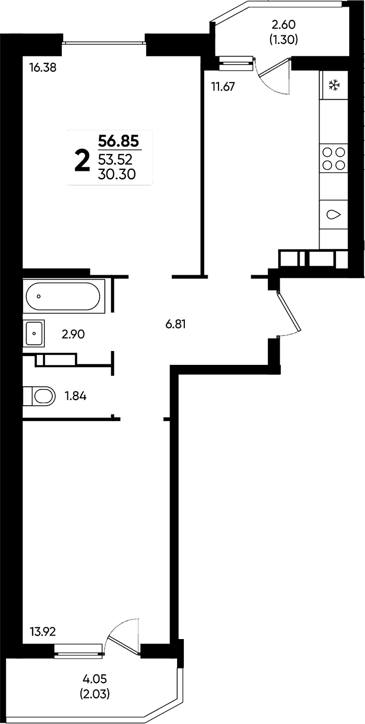 Продается 2-комн. квартира, 53.52 м²