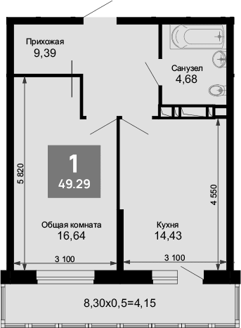 Продается 1-комн. квартира, 45.14 м²
