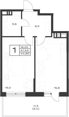 Продается 1-комн. квартира, 41.4 м²