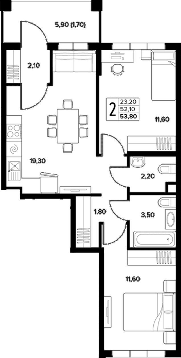 Продается 2-комн. квартира, 52.1 м²
