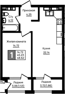 Продается 1-комн. квартира, 45.23 м²