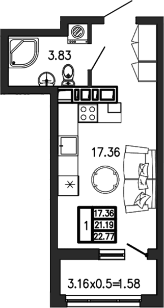 Продается 1-комн. квартира, 21.19 м²
