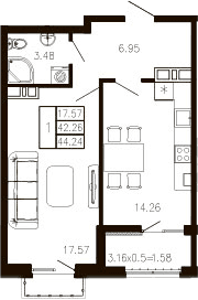 Продается 1-комн. квартира, 42.62 м²