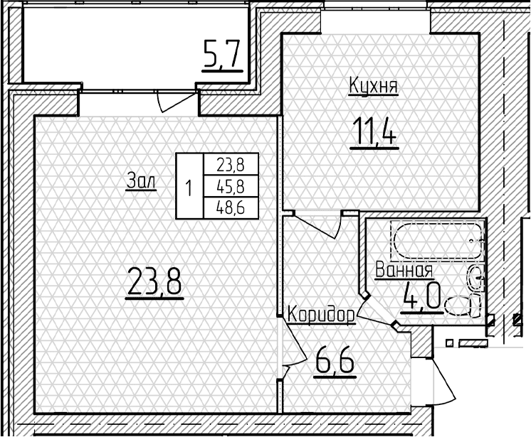 Продается 1-комн. квартира, 45.75 м²