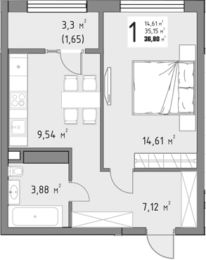 Продается 1-комн. квартира, 35.15 м²