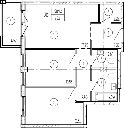 Продается 2-комн. квартира, 57.56 м²