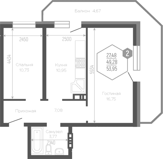 Продается 2-комн. квартира, 48.83 м²