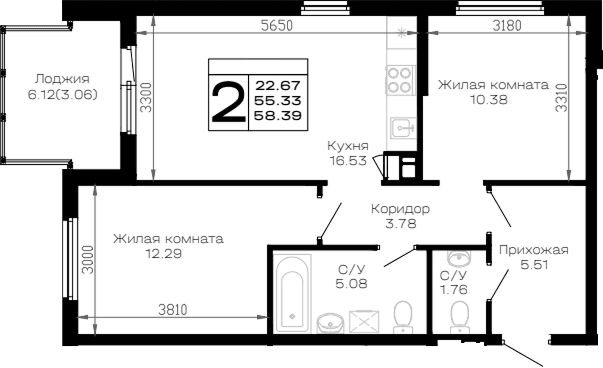 Продается 2-комн. квартира, 55.33 м²