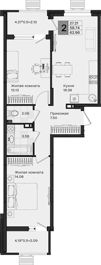 Продается 2-комн. квартира, 58.74 м²