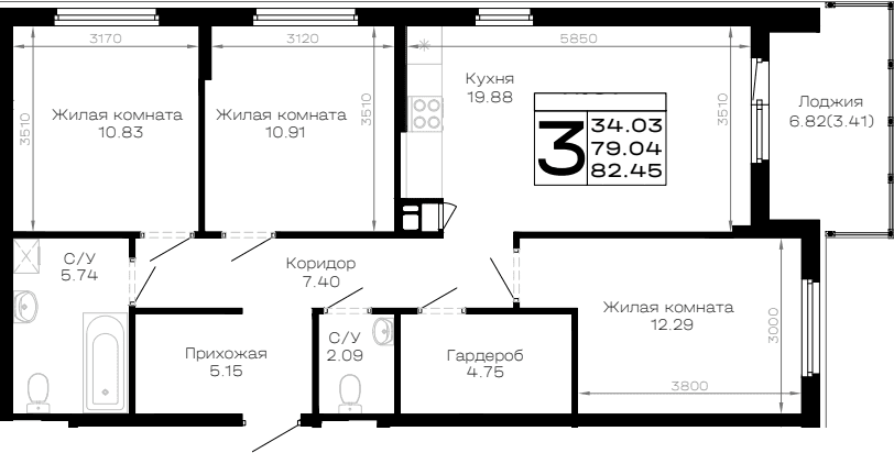 Продается 3-комн. квартира, 79.04 м²