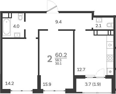 Продается 2-комн. квартира, 58.3 м²