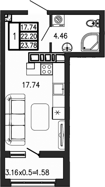Продается 1-комн. квартира, 22.2 м²
