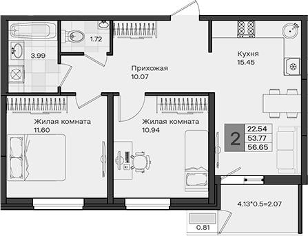 Продается 2-комн. квартира, 53.77 м²