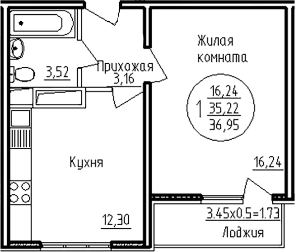 Продается 1-комн. квартира, 35.22 м²