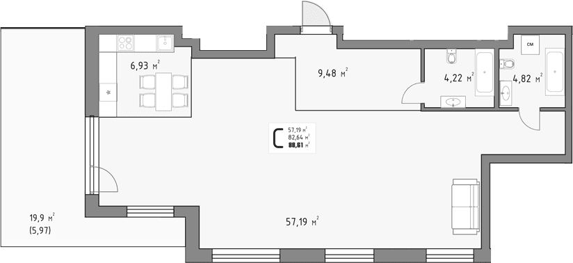 Продается 1-комн. квартира, 82.64 м²