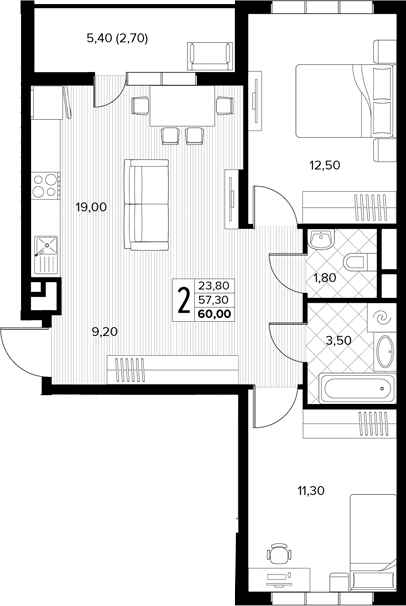 Продается 2-комн. квартира, 57.3 м²