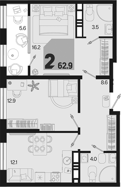 Продается 2-комн. квартира, 57.3 м²