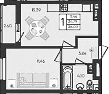 Продается 1-комн. квартира, 34.79 м²