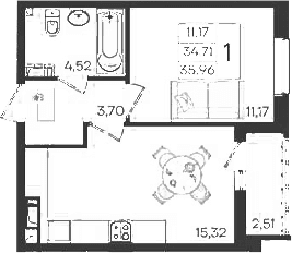 Продается 1-комн. квартира, 34.71 м²
