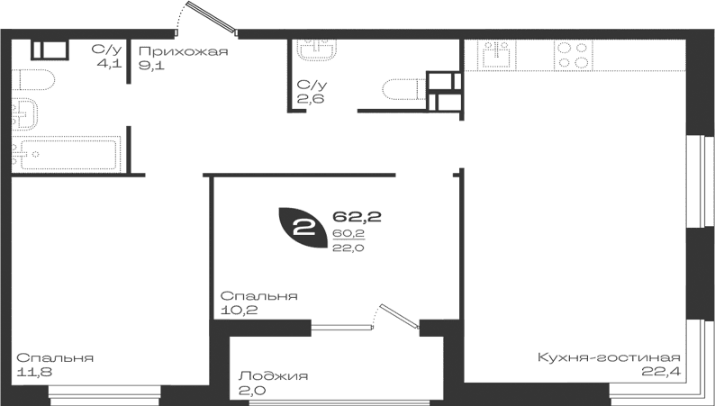 Продается 2-комн. квартира, 60.2 м²