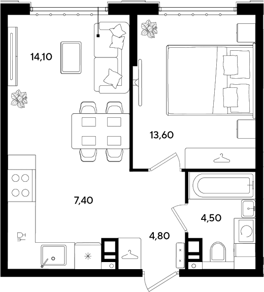Продается 1-комн. квартира, 44.4 м²