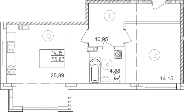 Продается 1-комн. квартира, 55.87 м²