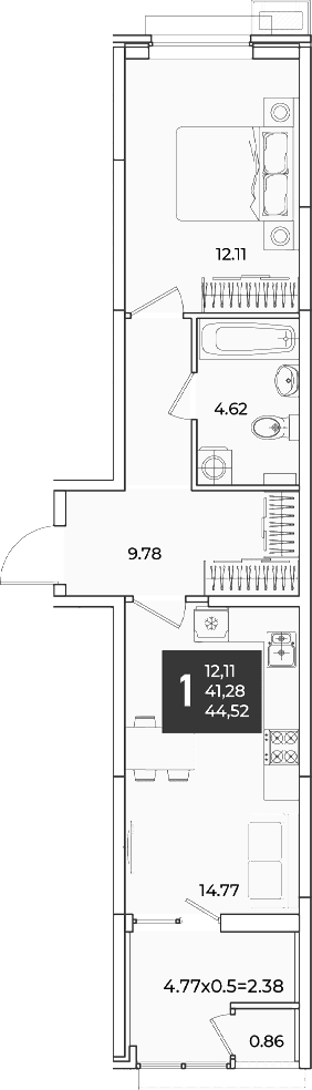 Продается 1-комн. квартира, 41.28 м²