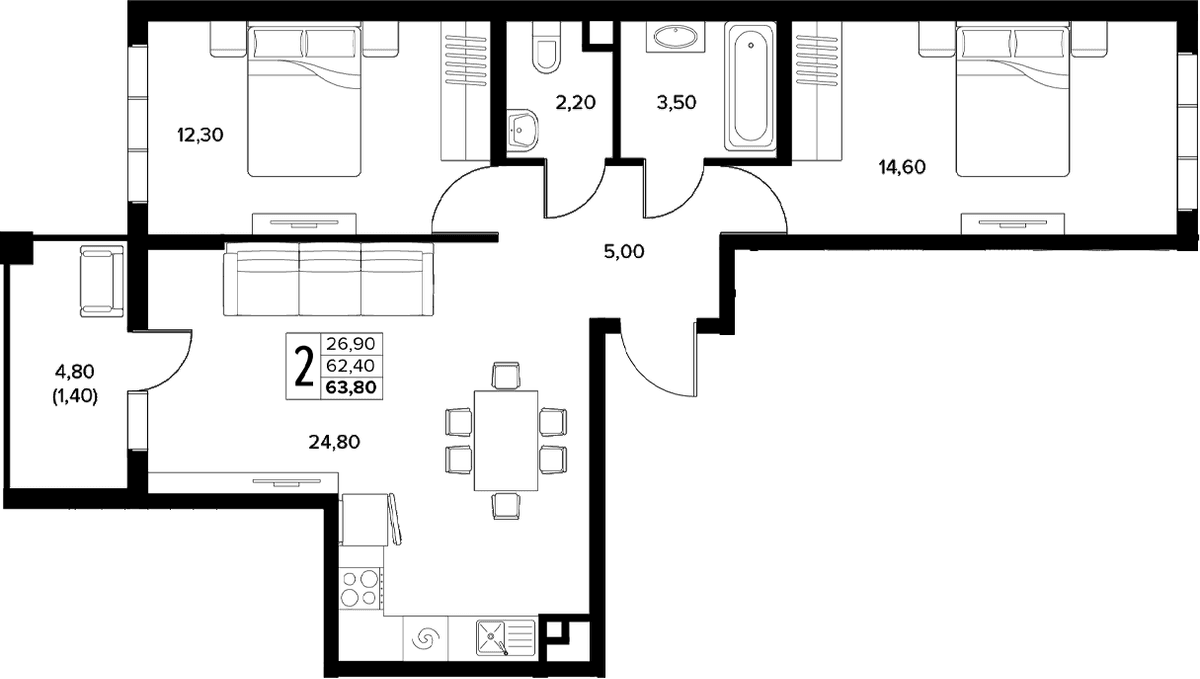 Продается 2-комн. квартира, 62.4 м²