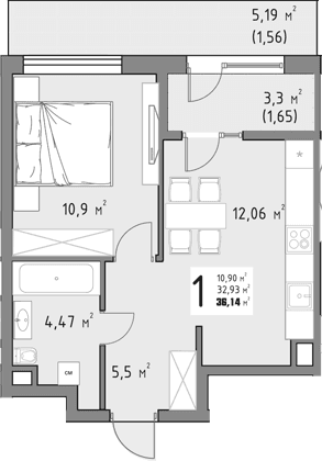 Продается 1-комн. квартира, 32.93 м²