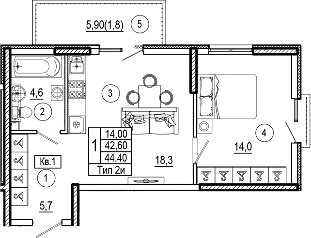 Продается 1-комн. квартира, 42.6 м²