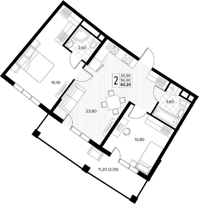 Продается 2-комн. квартира, 56.9 м²
