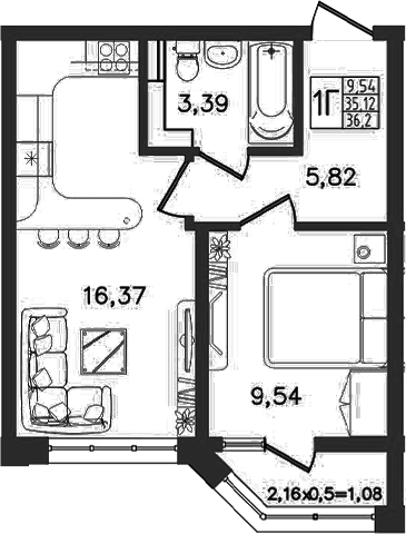 Продается 2-комн. квартира, 35.12 м²