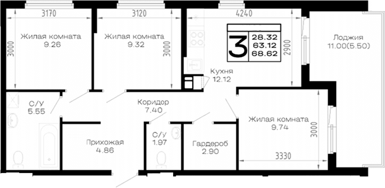 Продается 3-комн. квартира, 63.12 м²