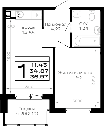 Продается 1-комн. квартира, 34.87 м²